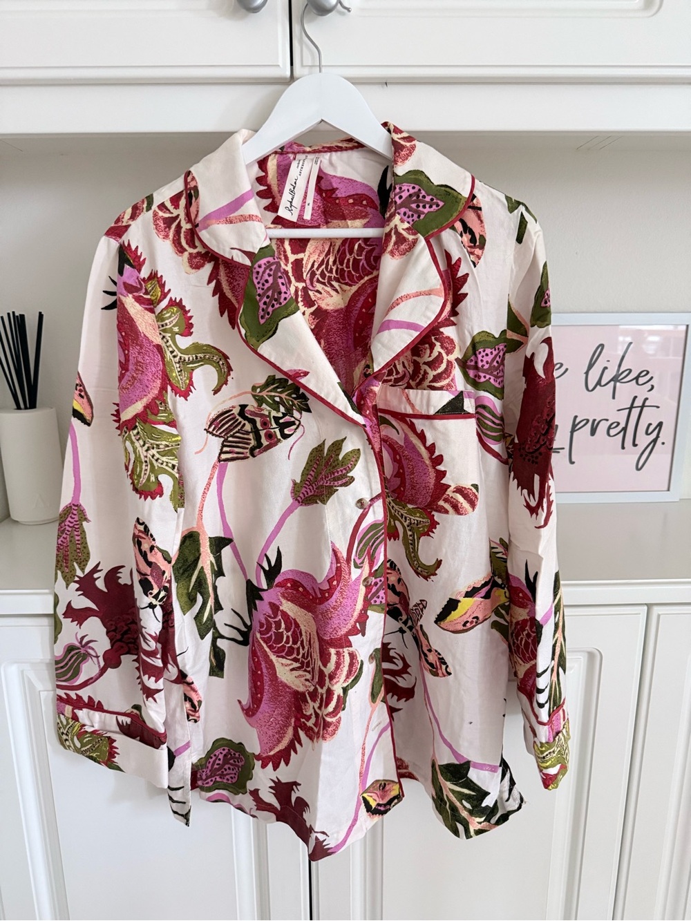 Anthropologie Pink, Green & Cream Floral Button-Up Pajama Top